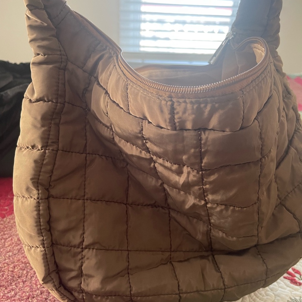 Tan Quilted Crescent Hobo Bag with Soft Structure